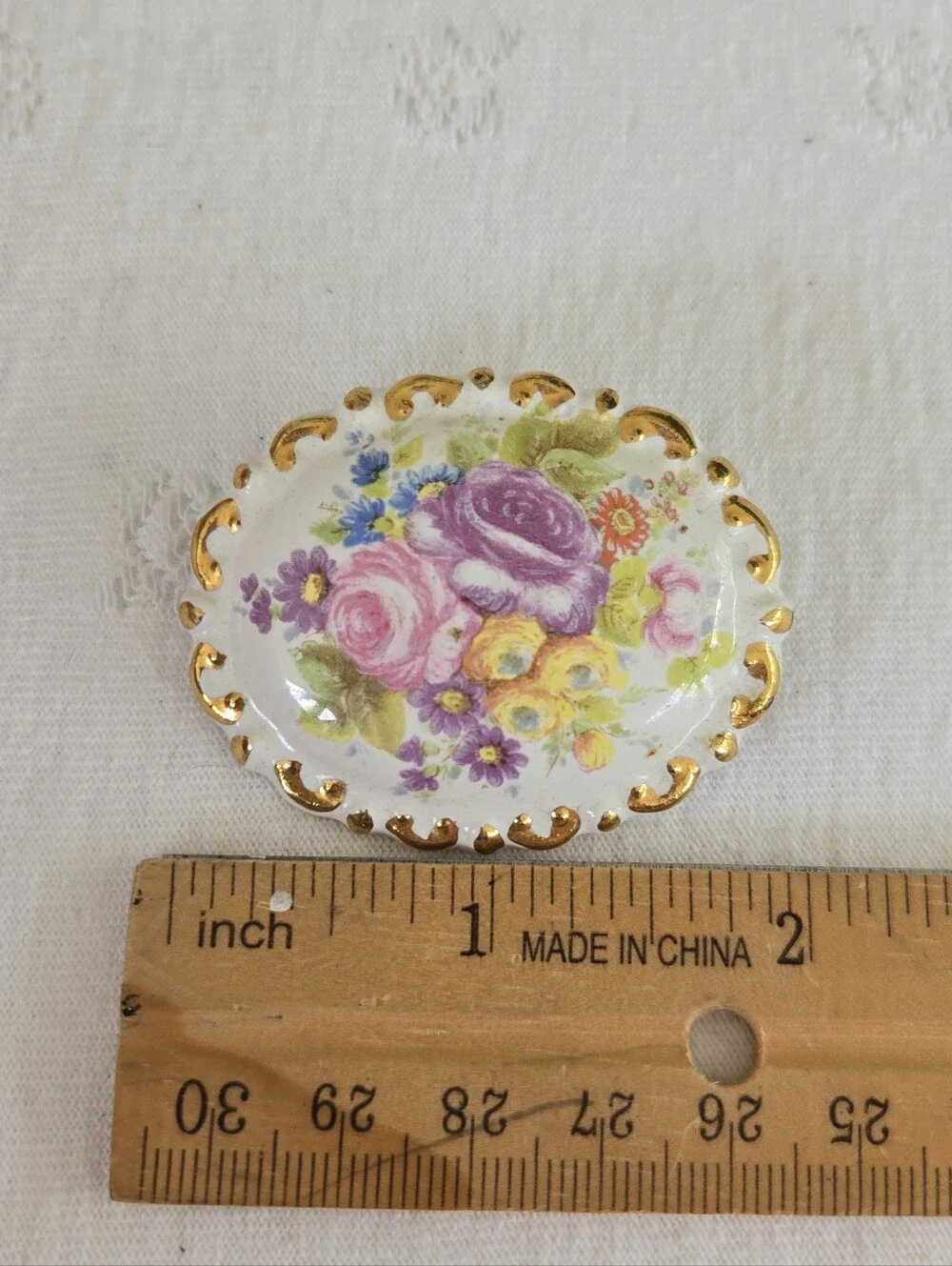 Vintage Gold-Trim Floral Porcelain Brooch with Pink & Purple Roses